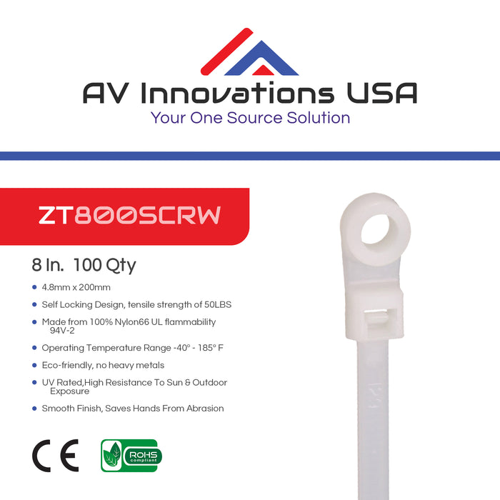 8" Screw Hole Zip Ties - 100x